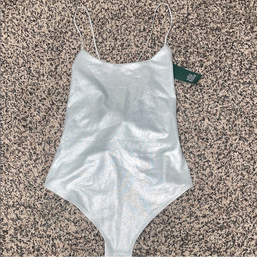 Wild Fable Metallic Shimmering Silver Lace Back Thong Style Bodysuit XXS | NWT